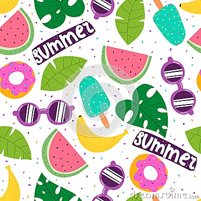 Summer seamless pattern with cartoon ice cream, glasses, watermelons, bananas, leaves, hand drawing lettering, decor elements. col Vector Illustration